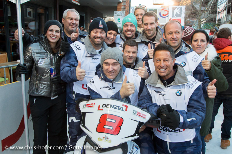 SAALBACH-HINTERGLEMM, AUSTRIA - DECEMBER 05:   BMW Denzel Wien team members - Guenter Kalina, Hans Enn, Christian Iser, Manfred Stohl, Manfred Pfeiffenberger and Alexander Bayer during the third and final day of the Formula Snow 2015 ski opening on December 5, 2015 in Saalbach-Hinterglemm, Austria.  (Photo by Chris Hofer/Getty Images)